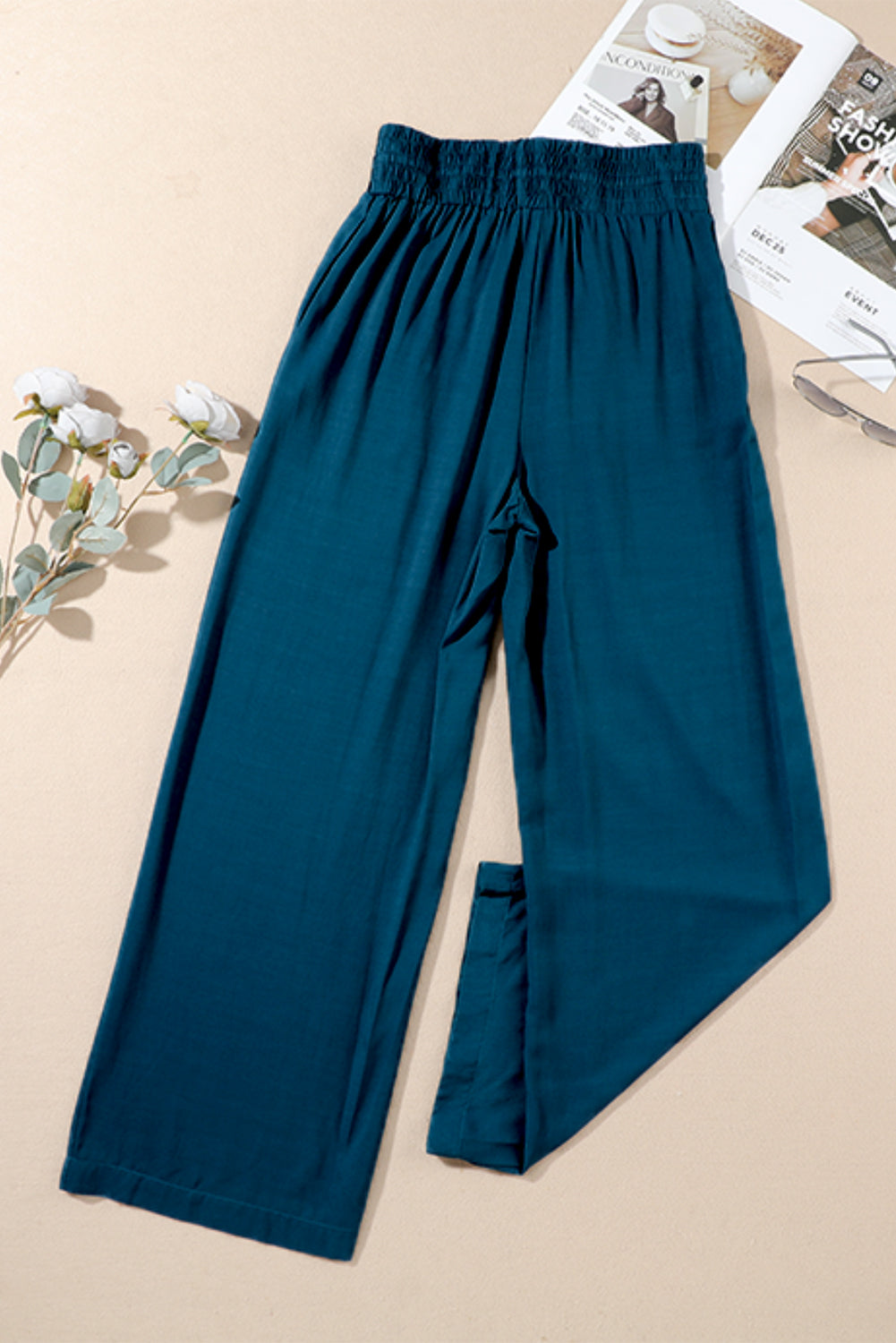Pantalones anchos casuales con cintura elástica y cordón azul