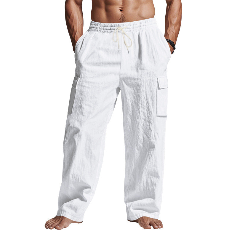 Pantalones de lino rectos multibolsillos para hombre