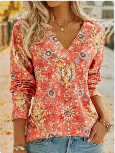 Camiseta de manga larga cuello en V con estampado bohemio tallas grandes