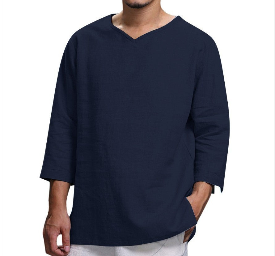 Camisa holgada informal de cuello en V de algodón y lino de manga larga para hombre