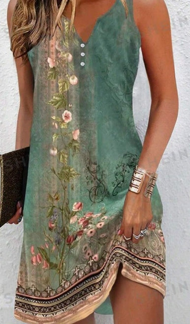 Vestido suelto de verano sin mangas con estampado floral y cuello en V
