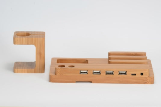 Soporte universal para teléfono móvil y tableta de madera de bambú con puertos USB y base de carga