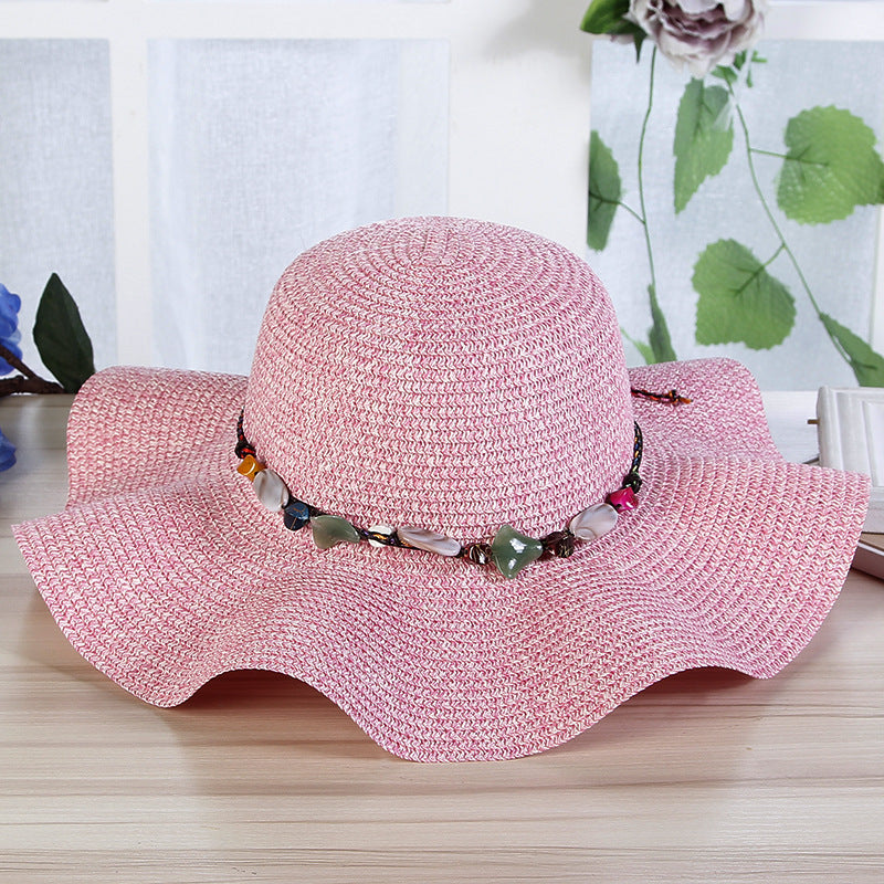 Sombrero de paja tejido a mano con piedras para mujer