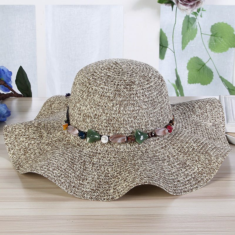Sombrero de paja tejido a mano con piedras para mujer