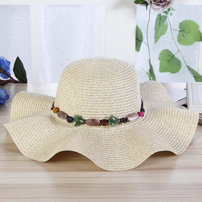 Sombrero de paja tejido a mano con piedras para mujer