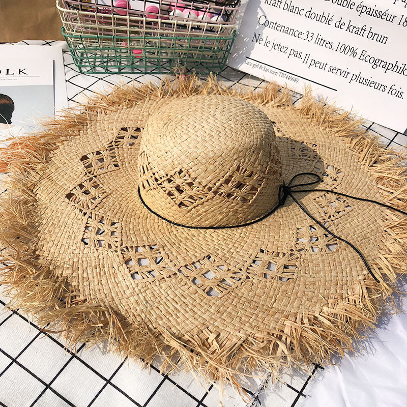 Sombrero de paja natural con lazo de ala ancha Panamá de verano para mujer