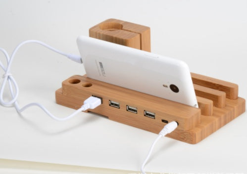 Soporte universal para teléfono móvil y tableta de madera de bambú con puertos USB y base de carga