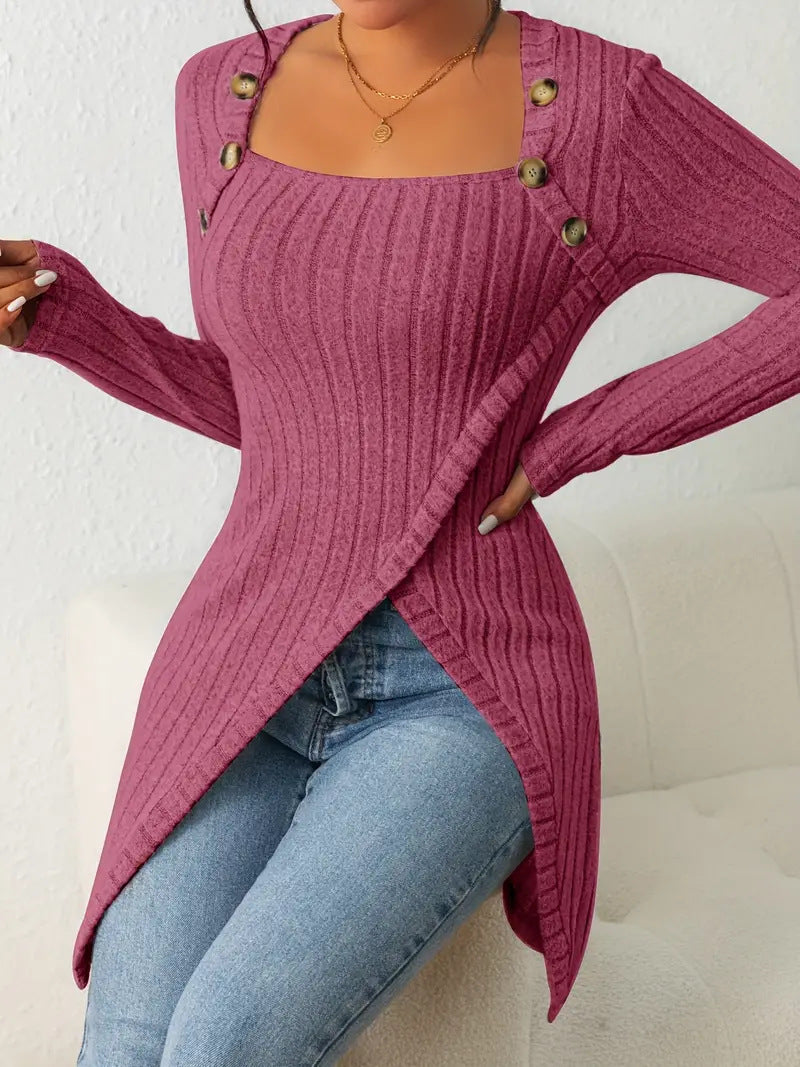 Top de punto irregular con cuello cuadrado y botones para mujer