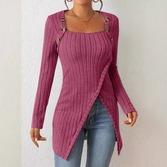 Top de punto irregular con cuello cuadrado y botones para mujer