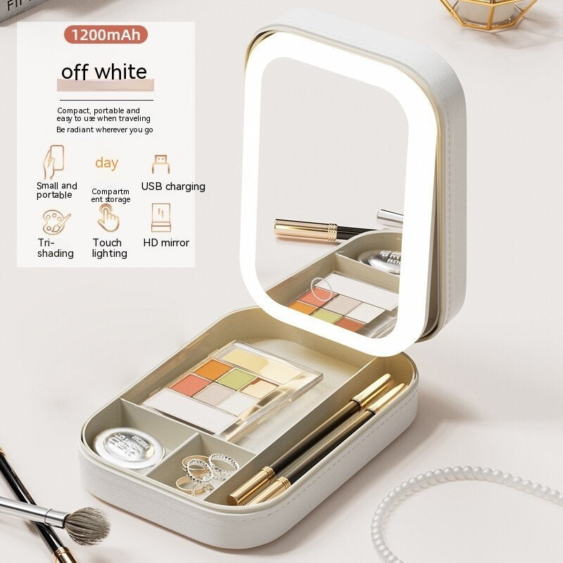 Caja de almacenamiento de maquillaje con espejo de luz LED