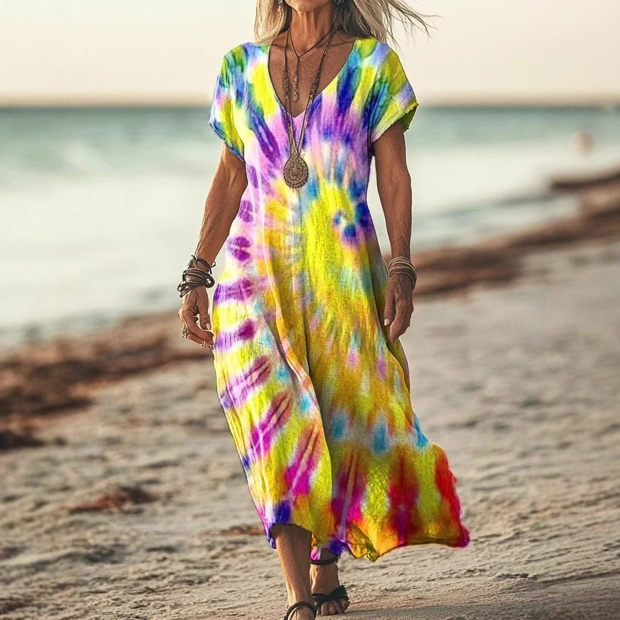 Vestido cuello en V playero estampado tie-dye