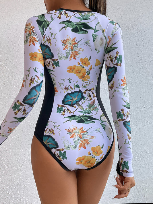 Traje de baño de una pieza estampado con protección solar para mujer