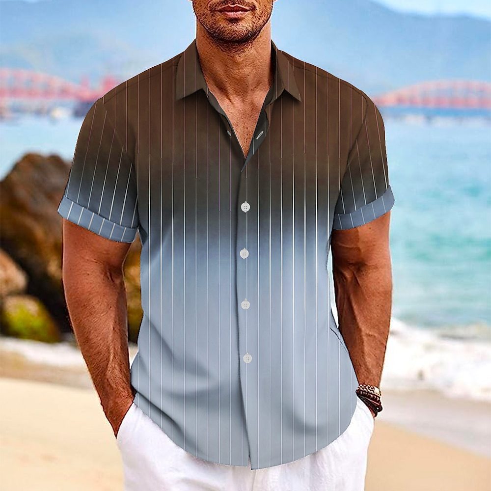 Camisa de manga corta con botones de solapa y estampado de rayas degradadas para hombre