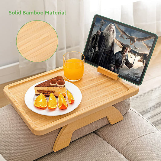 Bandeja de sofá de bambú con soporte para el móvil portátil y plegable