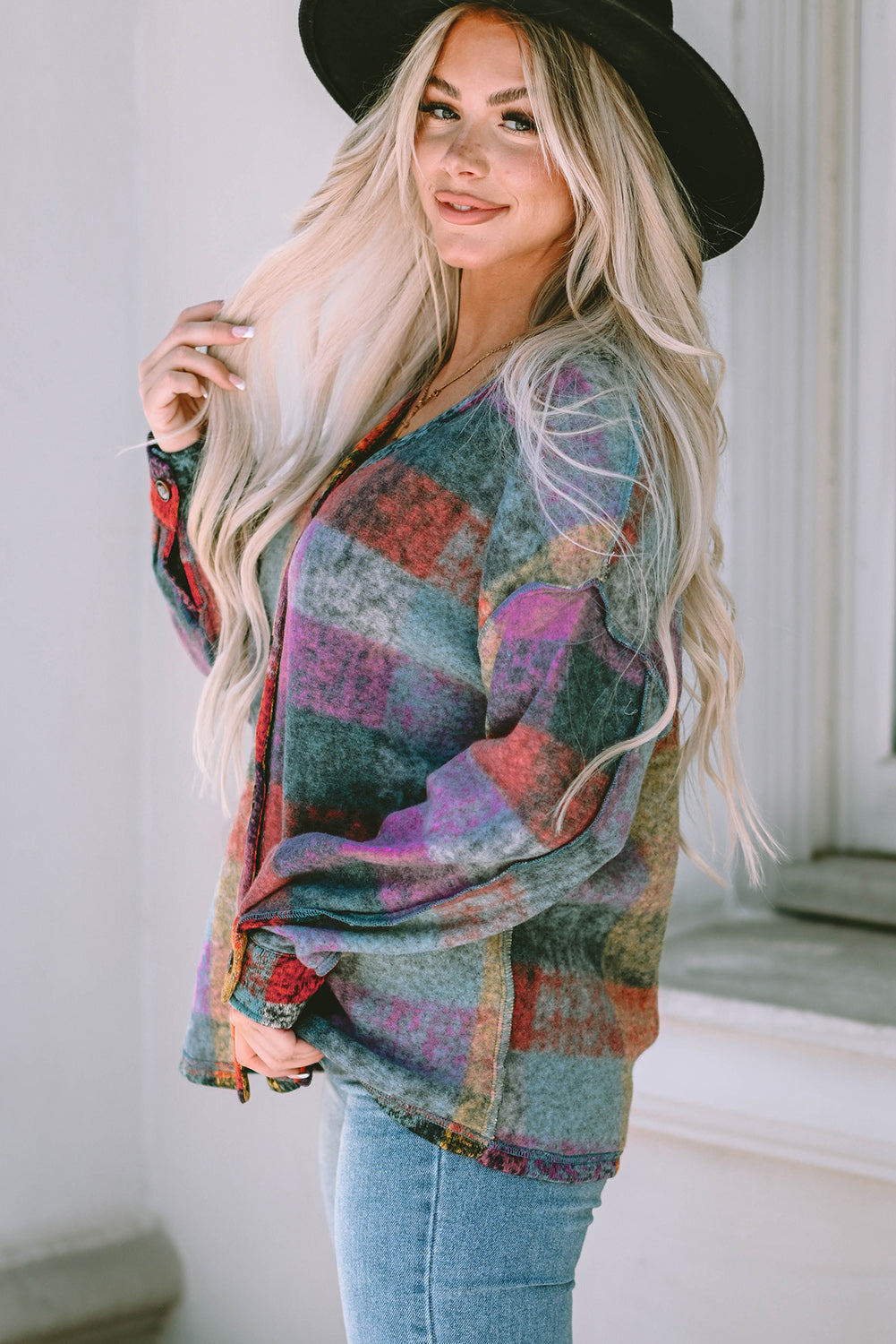 Chaqueta con botones estilo western a cuadros cepillados multicolores