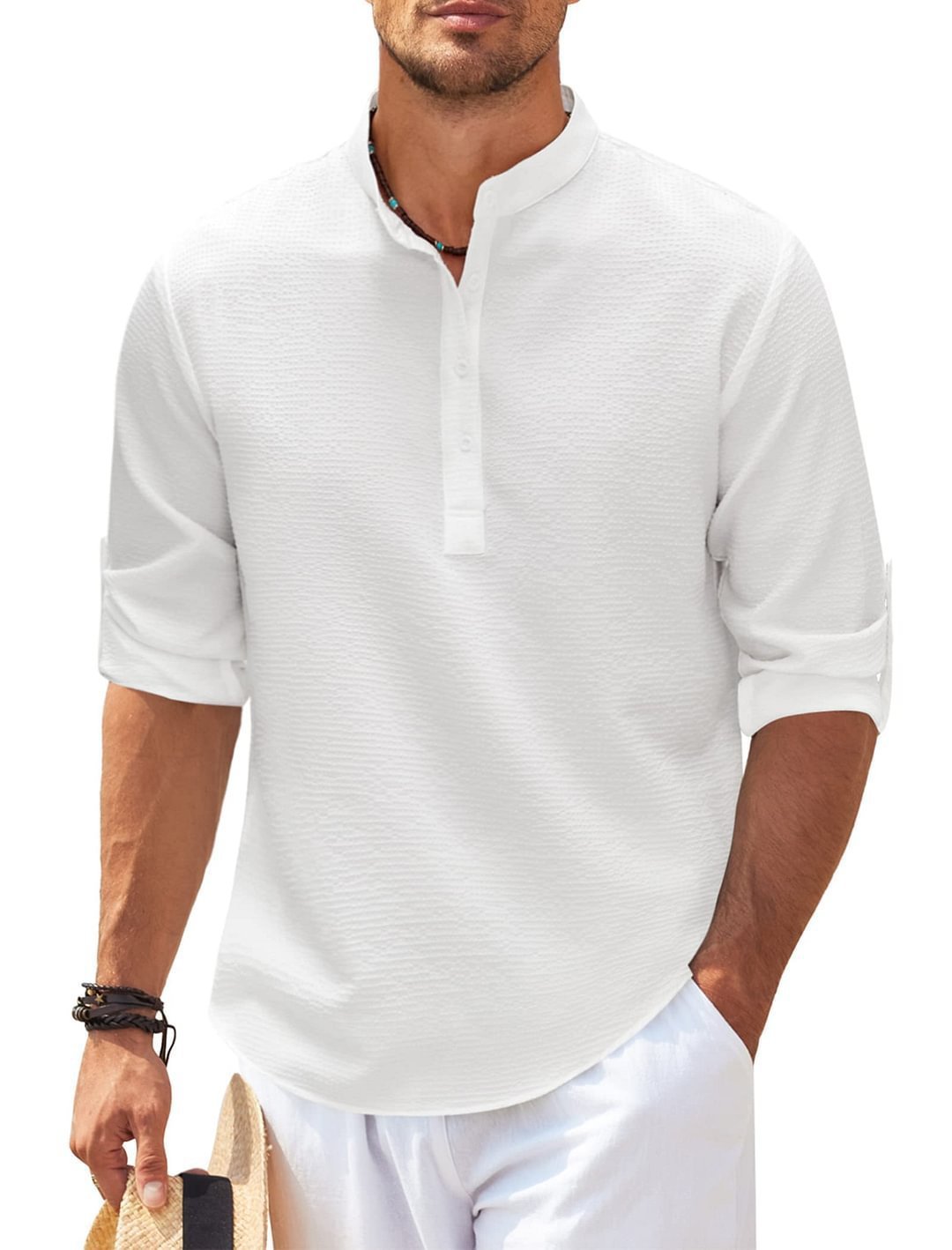 Camisa informal de verano con cuello alto y botones con textura de piña para hombre