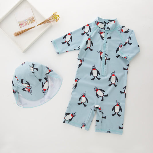 Traje de baño de una pieza para niño de manga larga con protección solar dos piezas