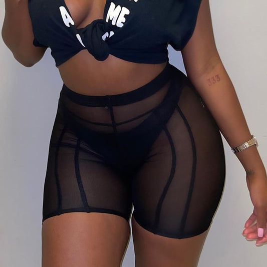 Pantalones casuales sexys de cintura alta con realce de cadera y malla transparente para mujer
