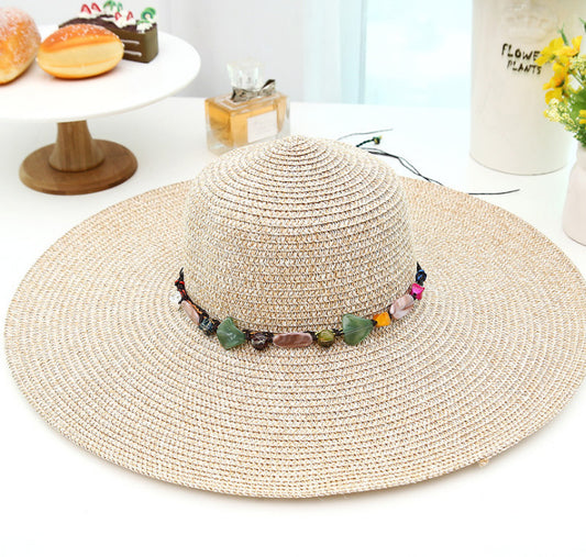 Sombrero de alas grandes con piedras decorativas para mujer
