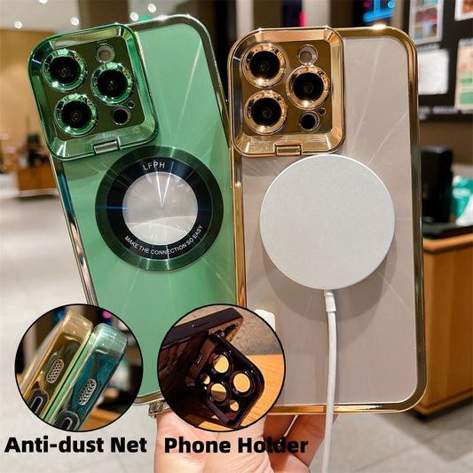 Funda de teléfono galvanizada con diseño de CD y soporte Magsafe con ventosa magnética para cámara y lente