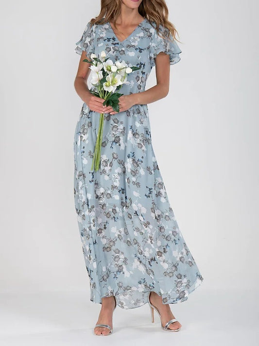 Vestido de verano de manga corta con estampado floral y volantes para mujer ideal para playa