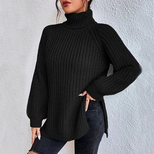 Suéter de cuello alto con diseño dividido color sólido y manga larga