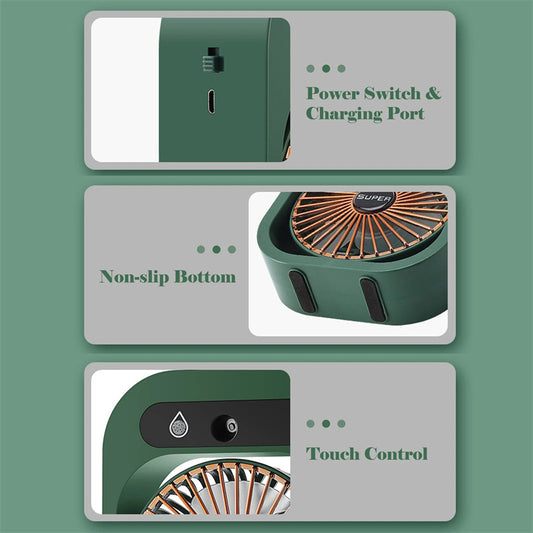 Ventilador de escritorio nebulizador recargable por USB con 3 velocidades de viento y nebulizador