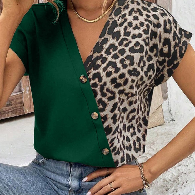 Camisa de mujer de cuello en V manga murciélago con estampado animal print