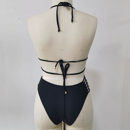 Bikini de dos piezas con cuello halter estampado con tirantes recortados para mujer