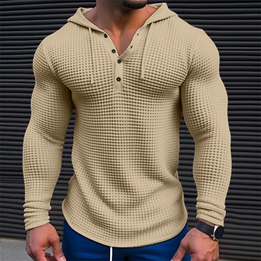 Camiseta informal de manga larga para hombre estilo waffle ajustada de color liso