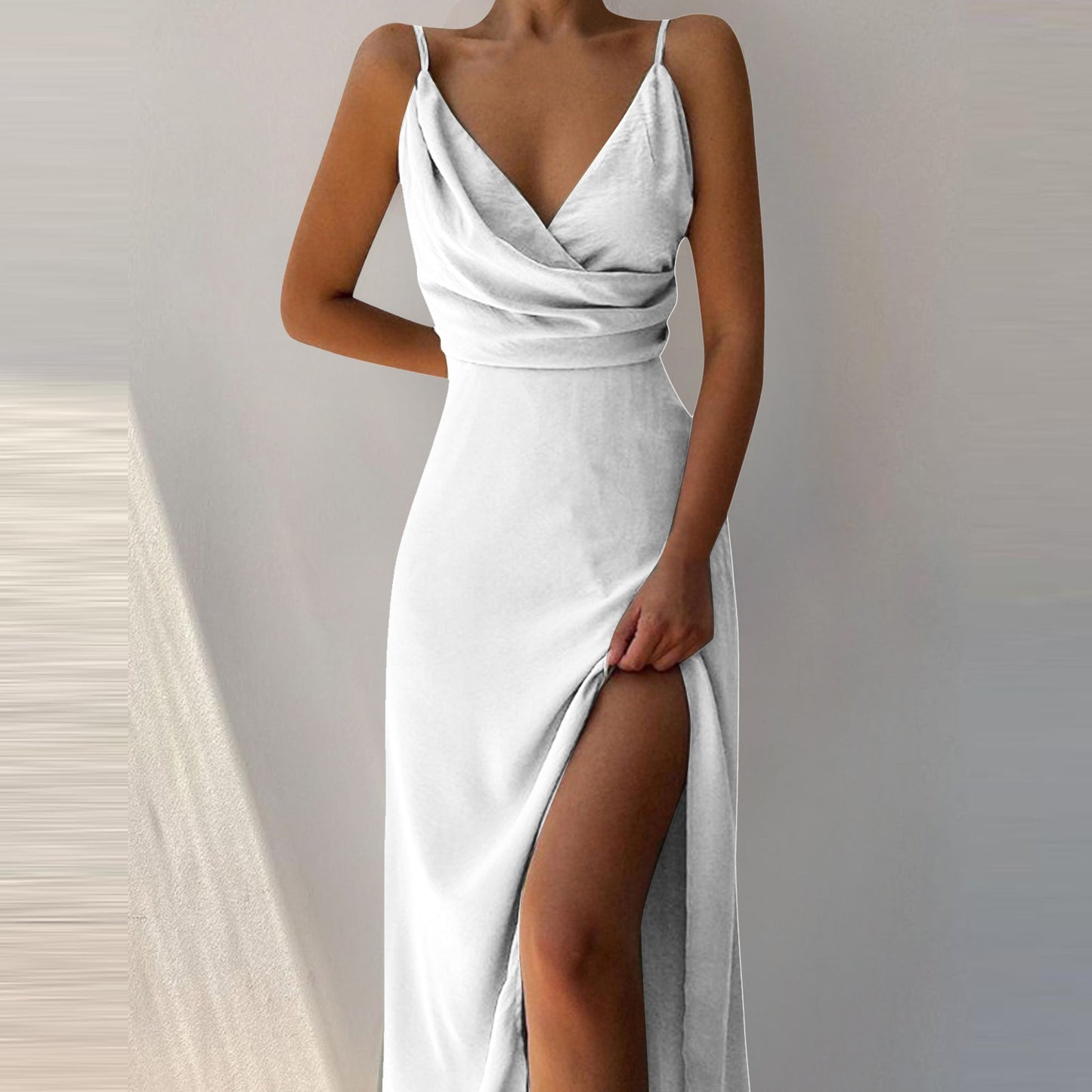 Vestido de verano con escote en V y abertura sexy ajustado con tirantes para mujer