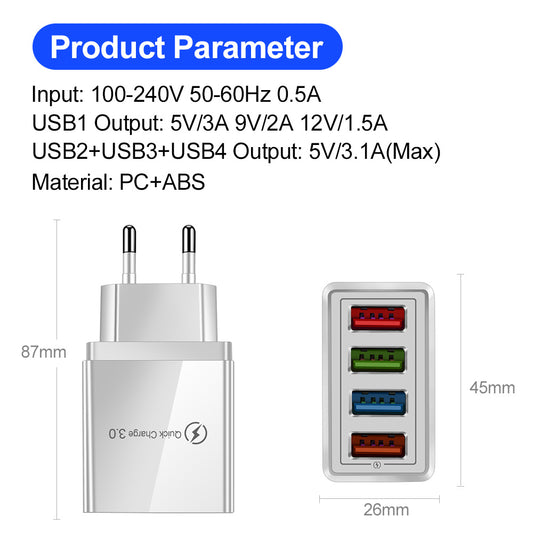 Cargador USB 5V 3A 3,0 de carga rápida