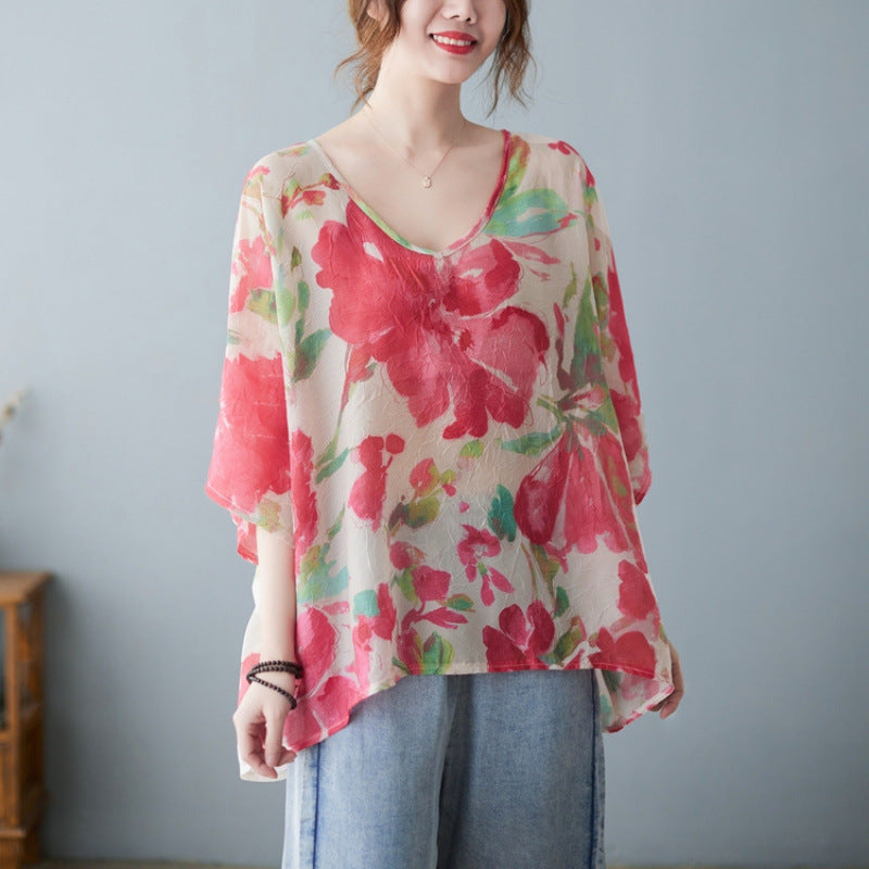 Camiseta holgada retro de manga corta con estampado floral