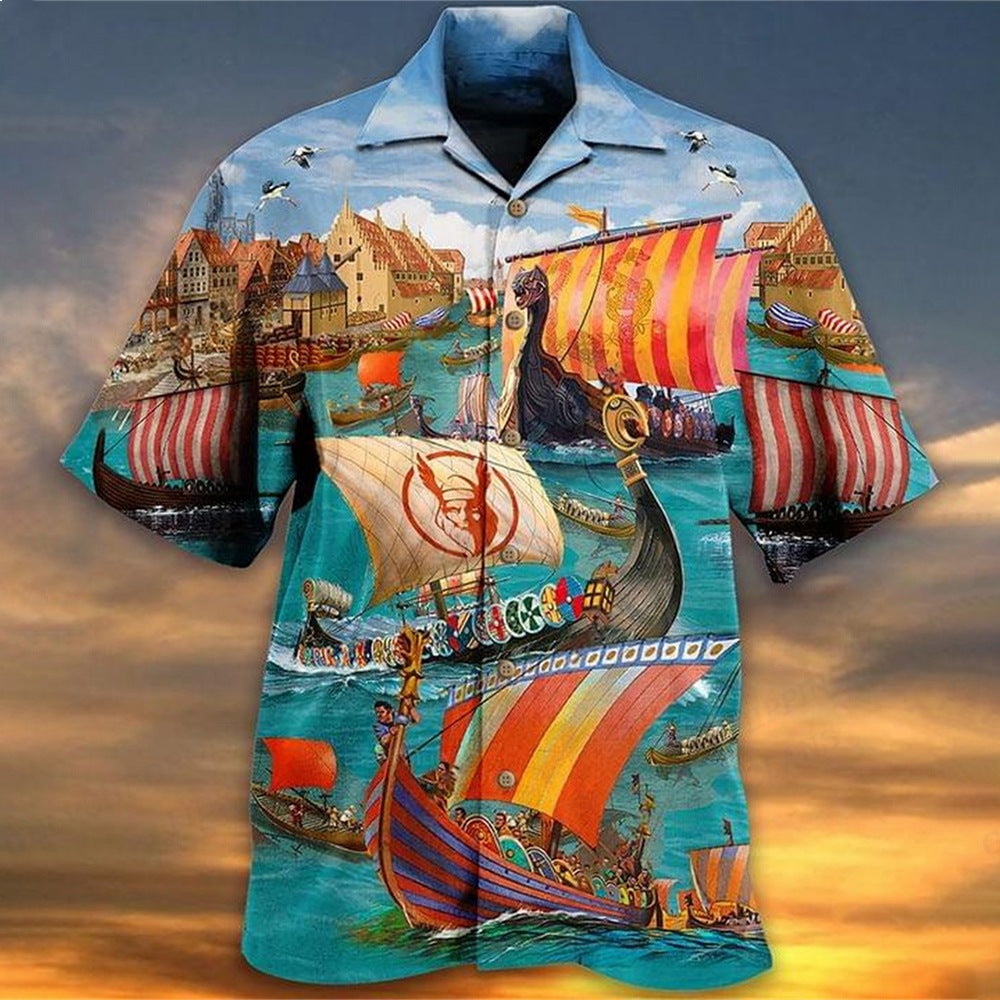 Men's summer short-sleeved shirt with fashionable print