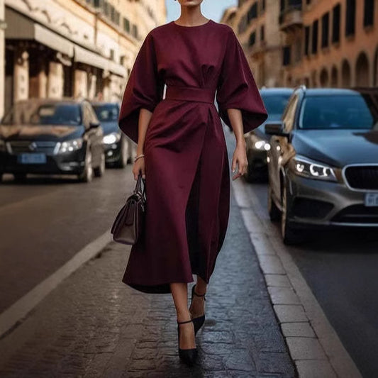 Vestido holgado con mangas de murciélago ajustado a la cintura color liso elegante para mujer