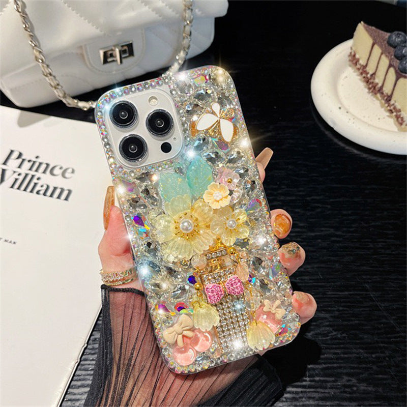 Funda para teléfono con lazo de flores y diamantes de imitación