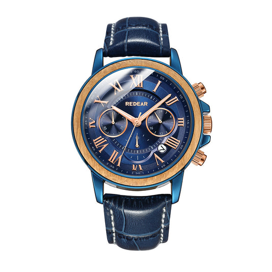Reloj con detalle de madera para hombre cronógrafo multifuncional, no mecánico
