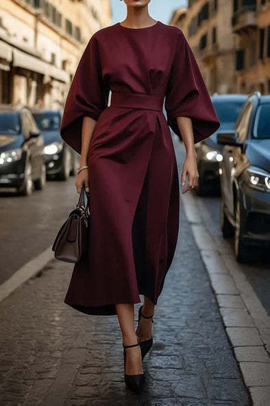 Vestido holgado con mangas de murciélago ajustado a la cintura color liso elegante para mujer