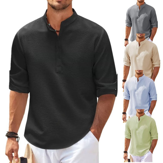 Camisa informal de verano con cuello alto y botones con textura de piña para hombre