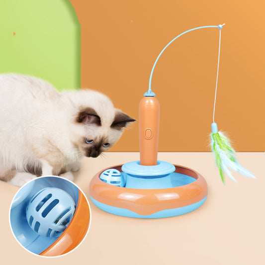 Juguete 2 en 1 para gatos con plumas para jugar solos, plataforma giratoria