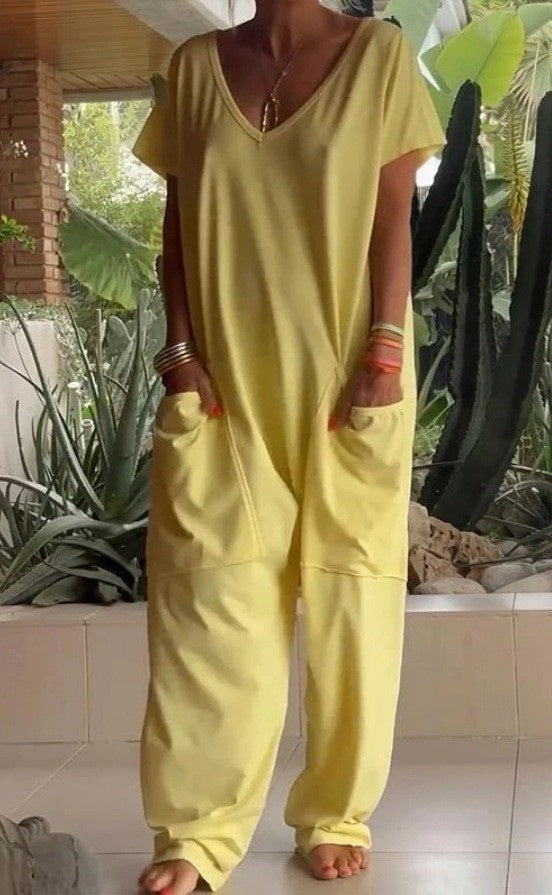 Mono de corte bajo con bolsillos extragrandes cuello en V color liso europeo y americano