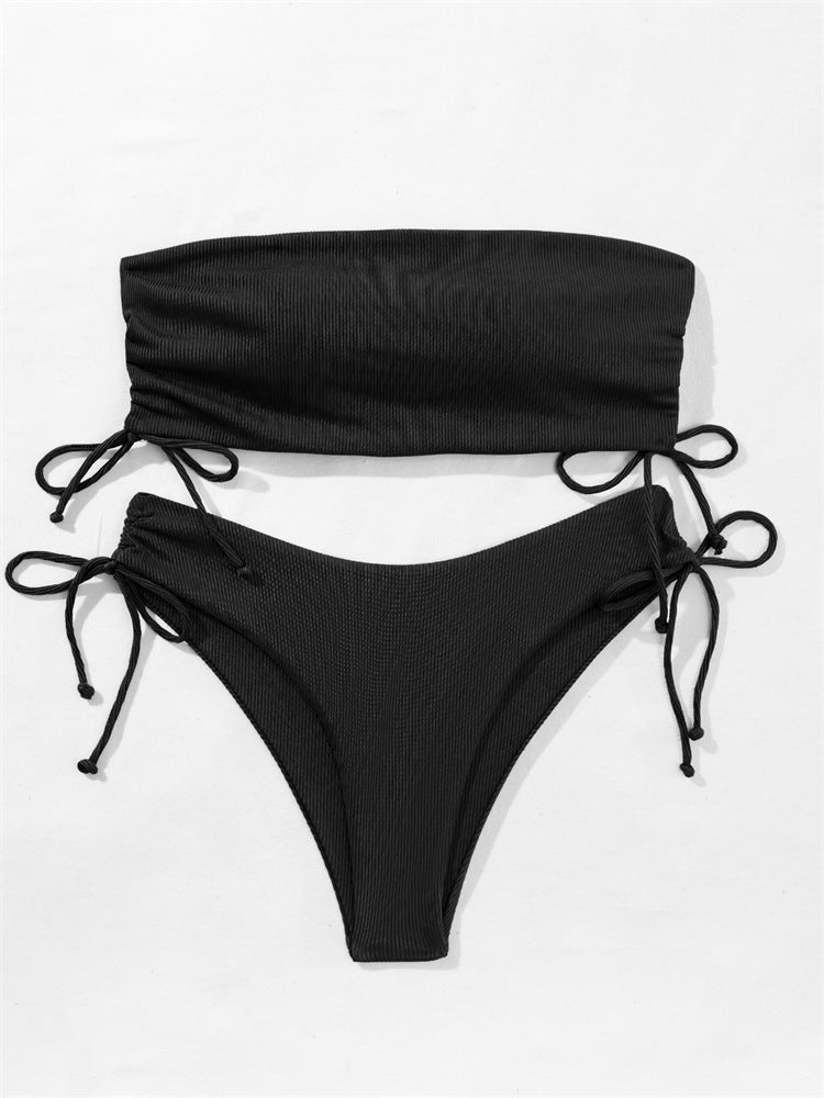 Solid color drawstring design tube bikini