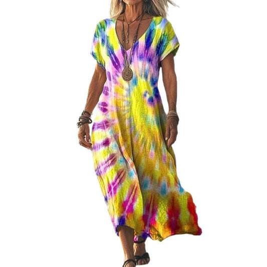 Vestido cuello en V playero estampado tie-dye