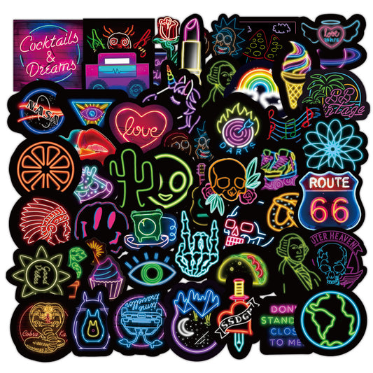 50 pegatinas de neón con grafiti, decoraciones e impermeables.