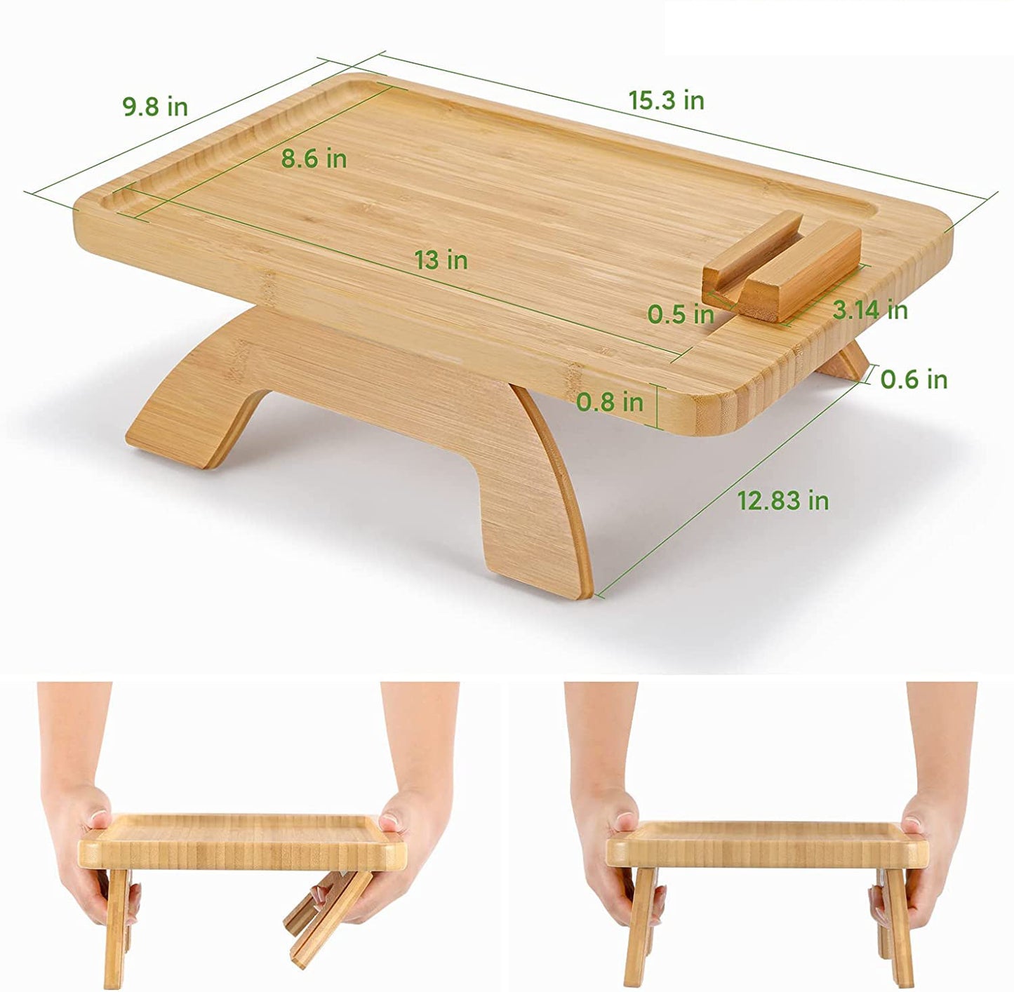 Bandeja de sofá de bambú con soporte para el móvil portátil y plegable