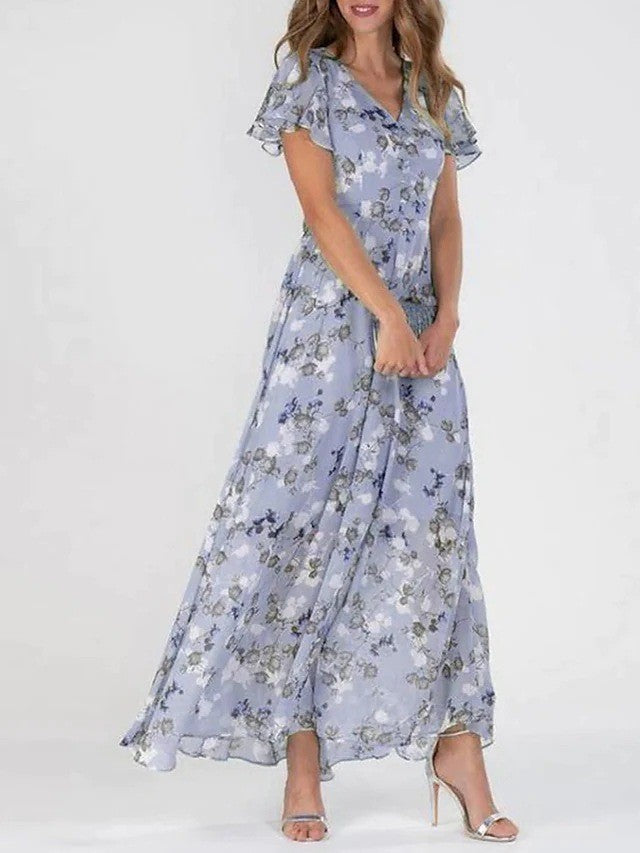 Vestido de verano de manga corta con estampado floral y volantes para mujer ideal para playa