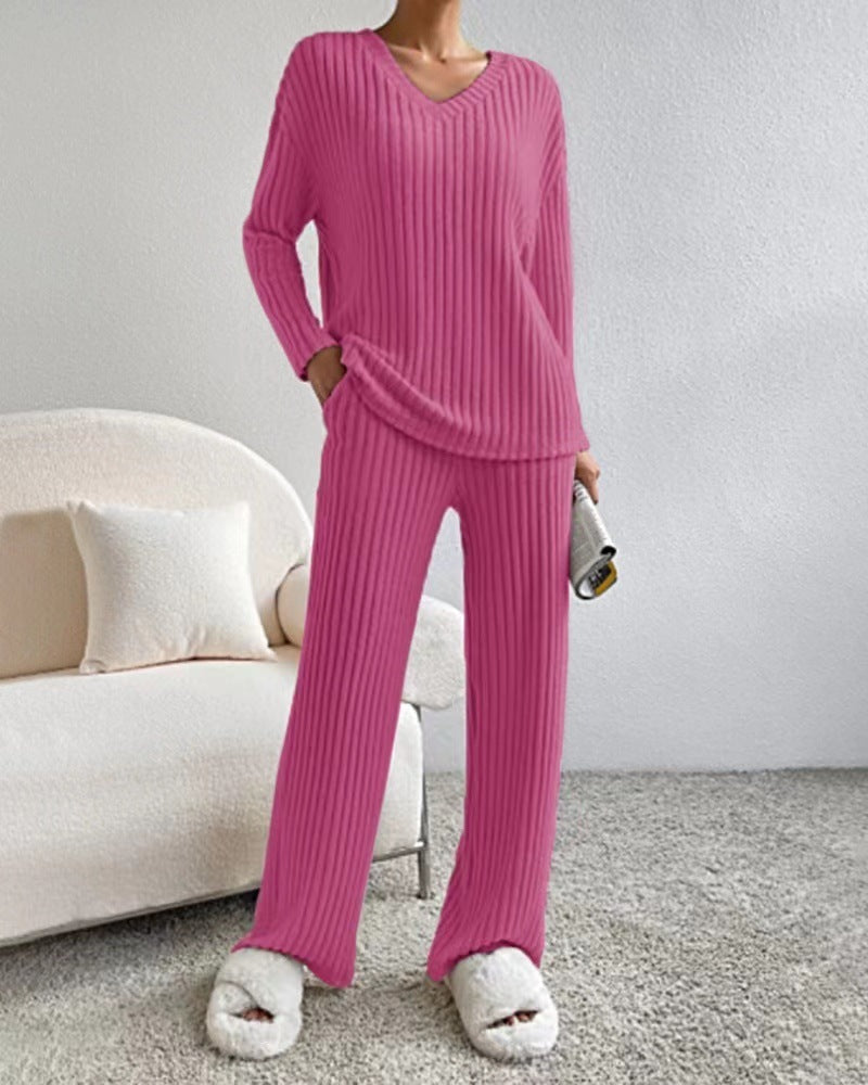 Traje de rayas lisas de moda con cuello en V camiseta de manga larga y pantalones rectos casuales temperamento holgado