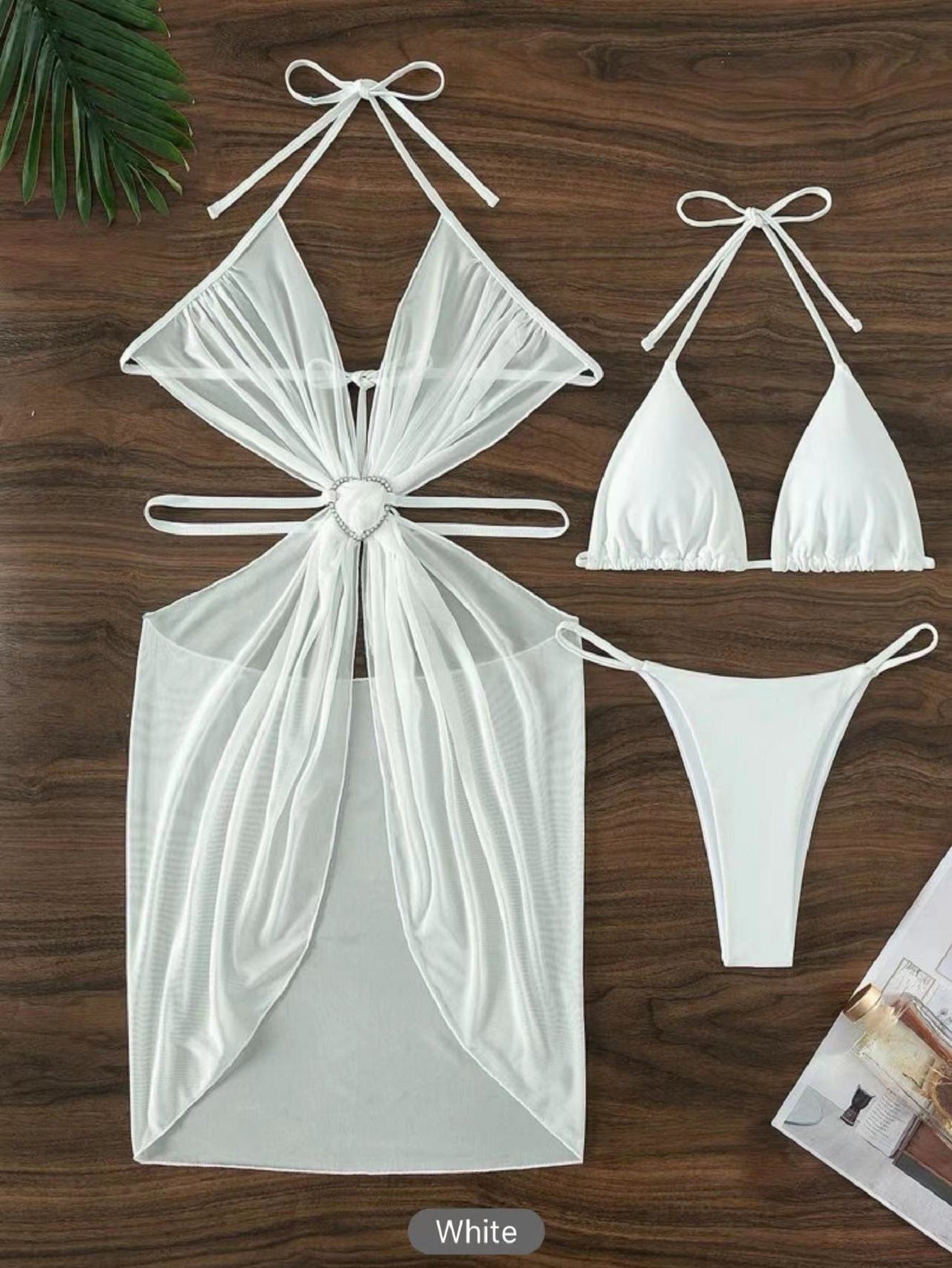 Bikini de 3 piezas con cuello halter de color liso para mujer