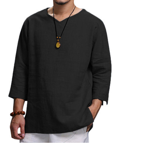 Camisa holgada informal de cuello en V de algodón y lino de manga larga para hombre