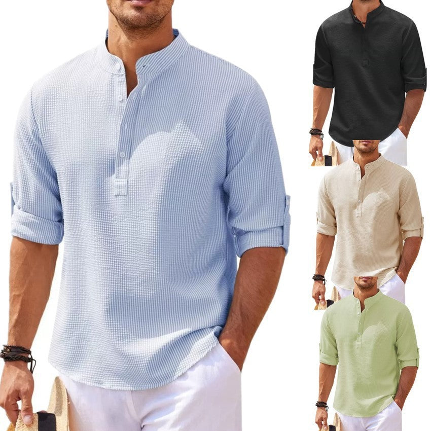 Men's Casual Summer Pineapple Textured Button-Down Stand-Up Collar Shirt